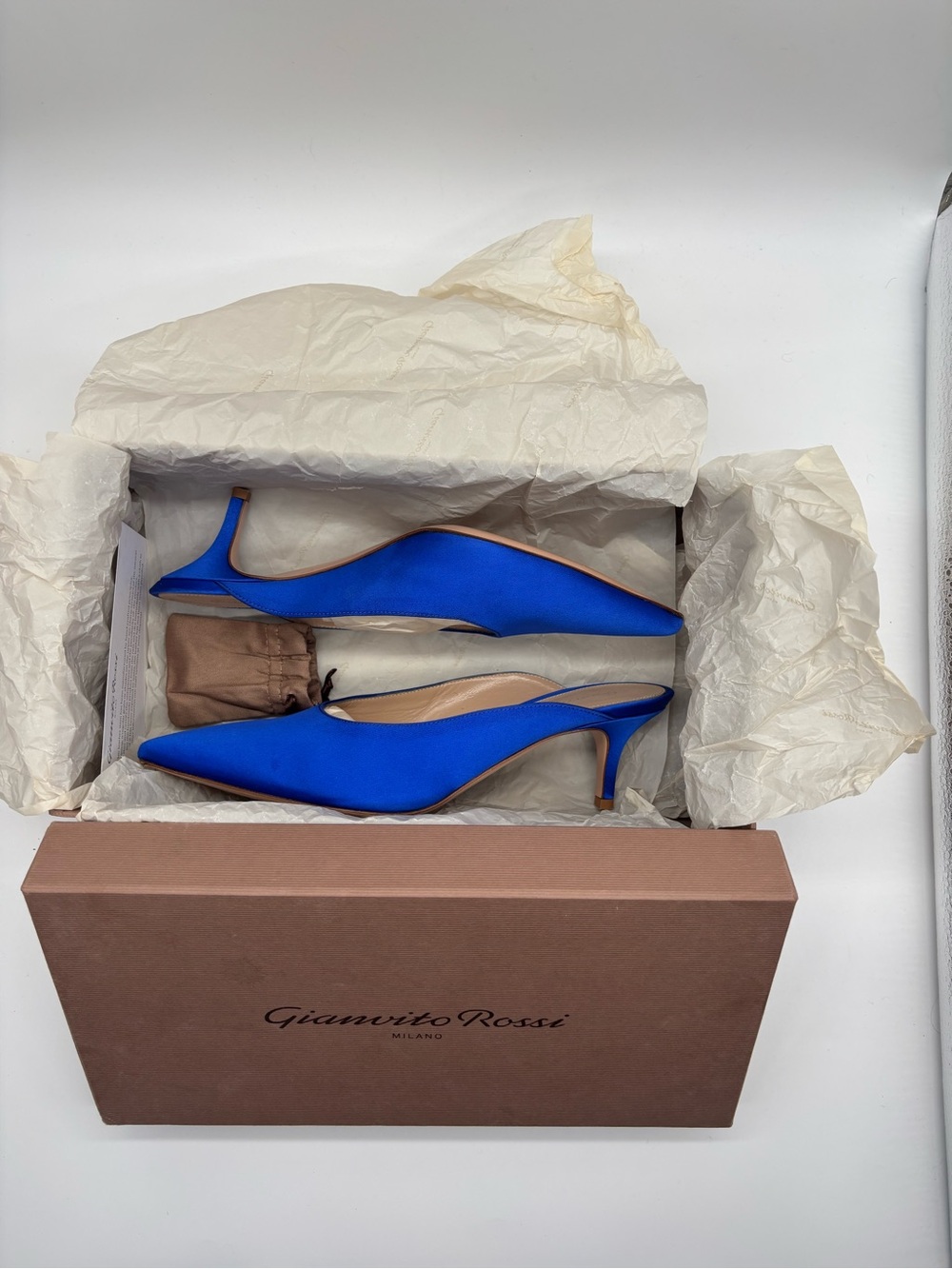 Gianvito Rossi Cobalt Blue Pointed-Toe Satin Slingback Mules - Picture 7 of 8